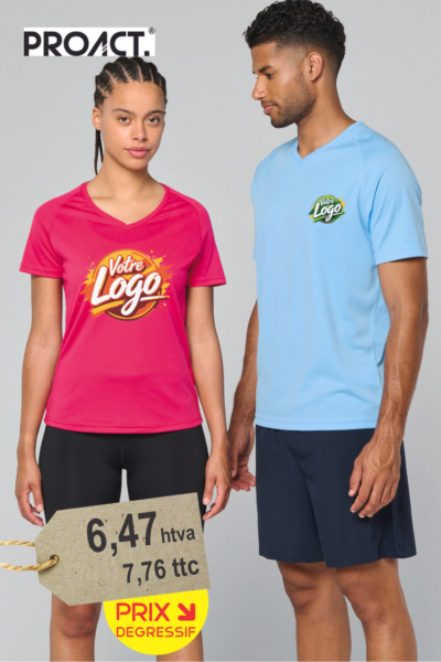 T-shirt sport personnalisé manches courtes col V 100% polyester avec logo imprimé — BrodCom flocage à Valenciennes
