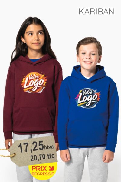 Sweat capuche enfant personnalisé 280g molleton coton avec logo brodé — BrodCom impression ou broderie personnalisée