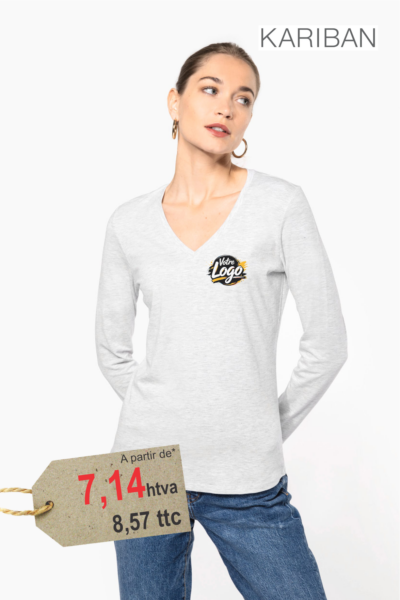 T-shirt femme col V manches longues personnalisé 180g coton peigné — Coupe cintrée